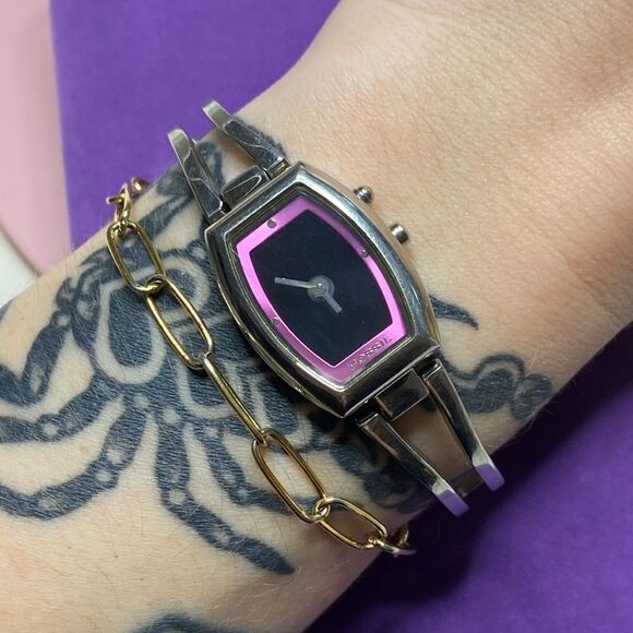 💛 Fossil Pink & Silver Bic Tic Digital Cat Analog Watch - Picture 1 of 5